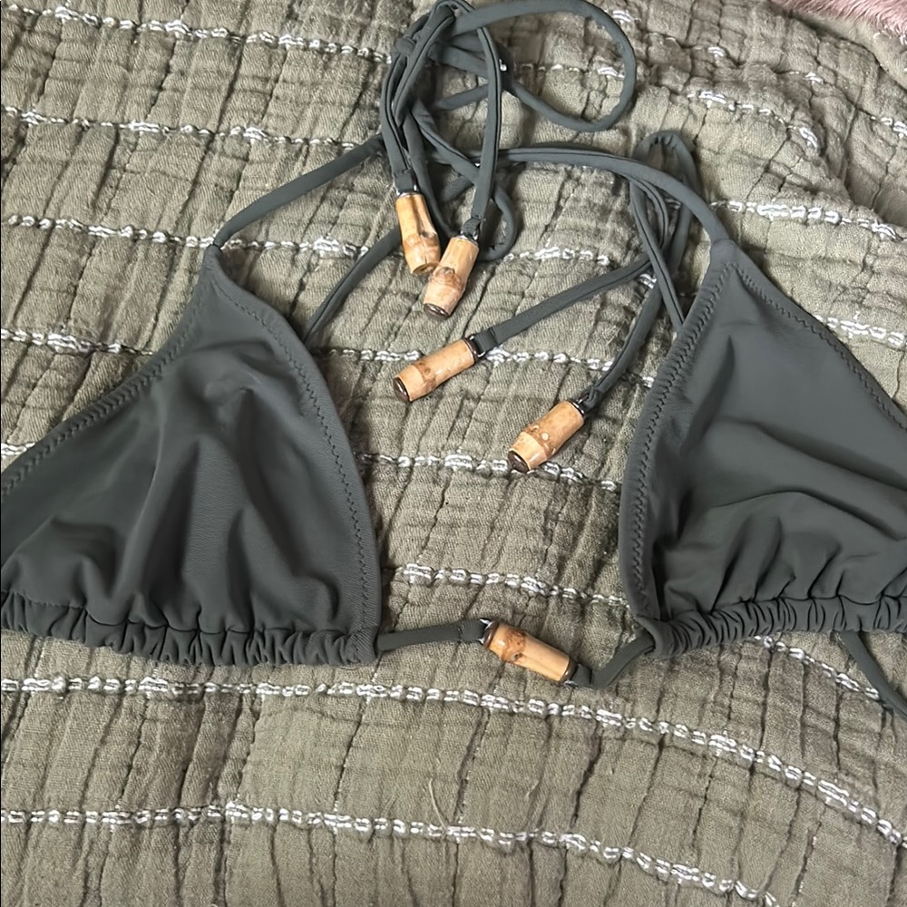 Dark Green Bikini Top with Wooden Accents